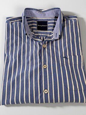 Tommy Bahama Button-Down Shirt L/G Long Sleeve 100% Pima Cotton Blue Stripe